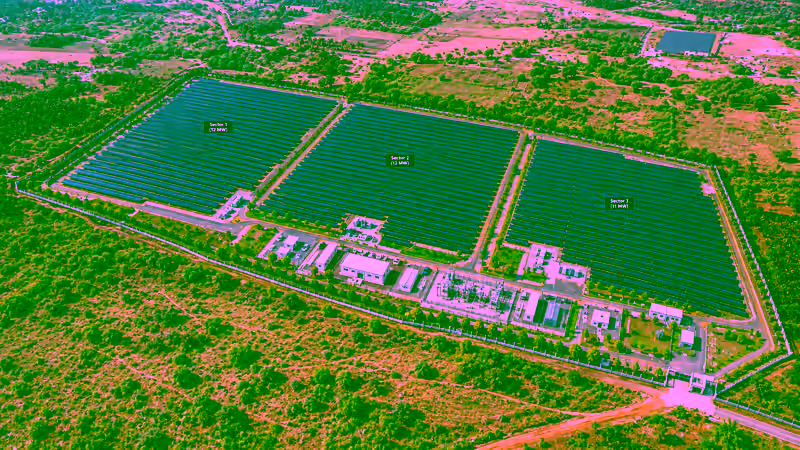 35 MW Patur Akola Operating Solar Park aerial view showing Sector 1 (12 MW), Sector 2 (12 MW), and Sector 3 (11 MW)