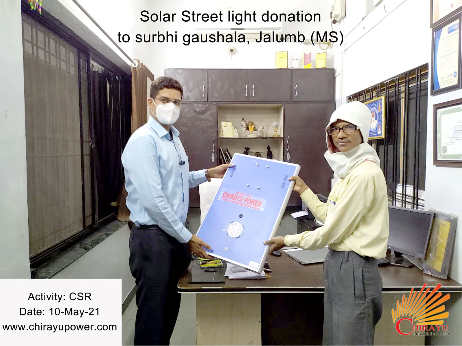Solar Street Light donated to Surabhi Gaushala by Chirayu Power