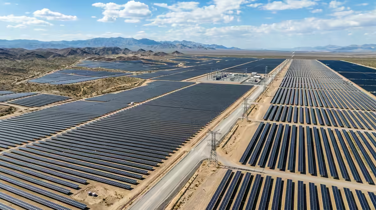 Aerial view of dedicated ring-fenced utility-scale solar park