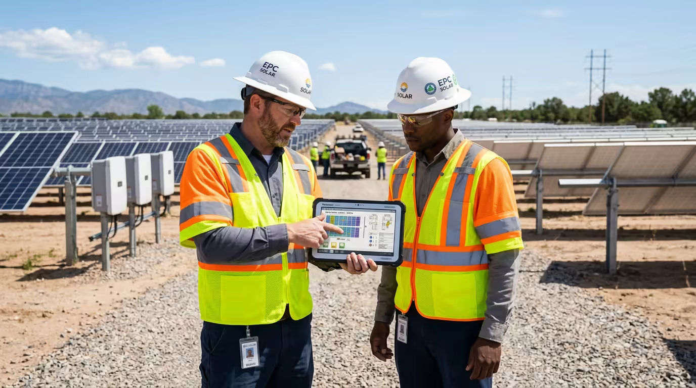 Solar EPC engineers reviewing milestone schematics at solar farm